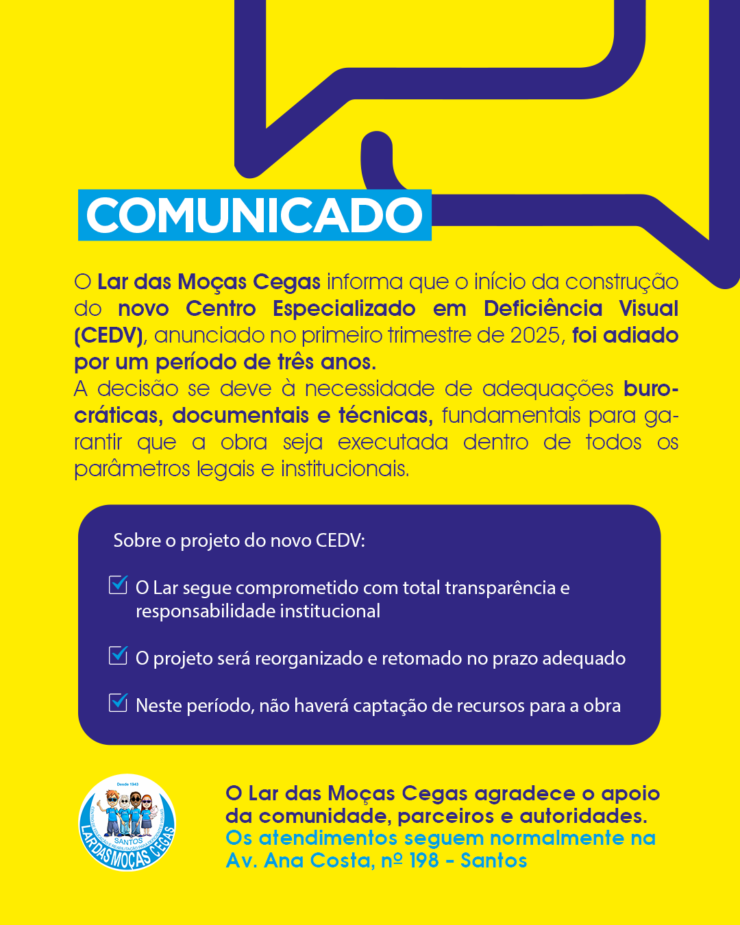 Nota oficial LMC: Adiantamento da construção do novo CEDV